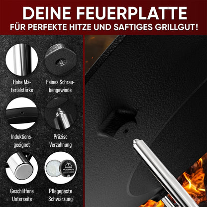 Gusseisen Grillplatte Ø42 cm mit 3 EdelstahlbeinenMit PflegepasteGusskönig