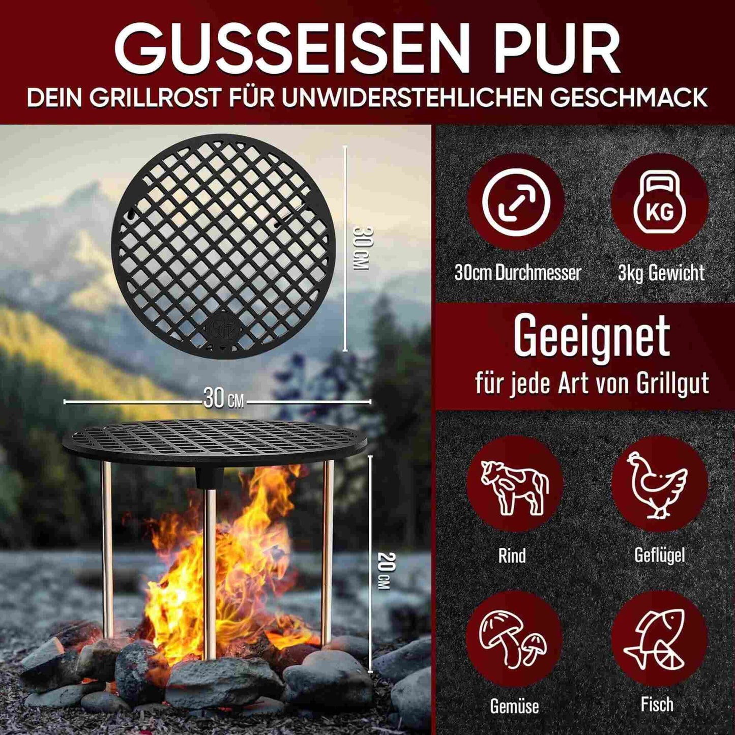 Gusseisen Grillrost Ø30 cm mit Beinen – Dreibein