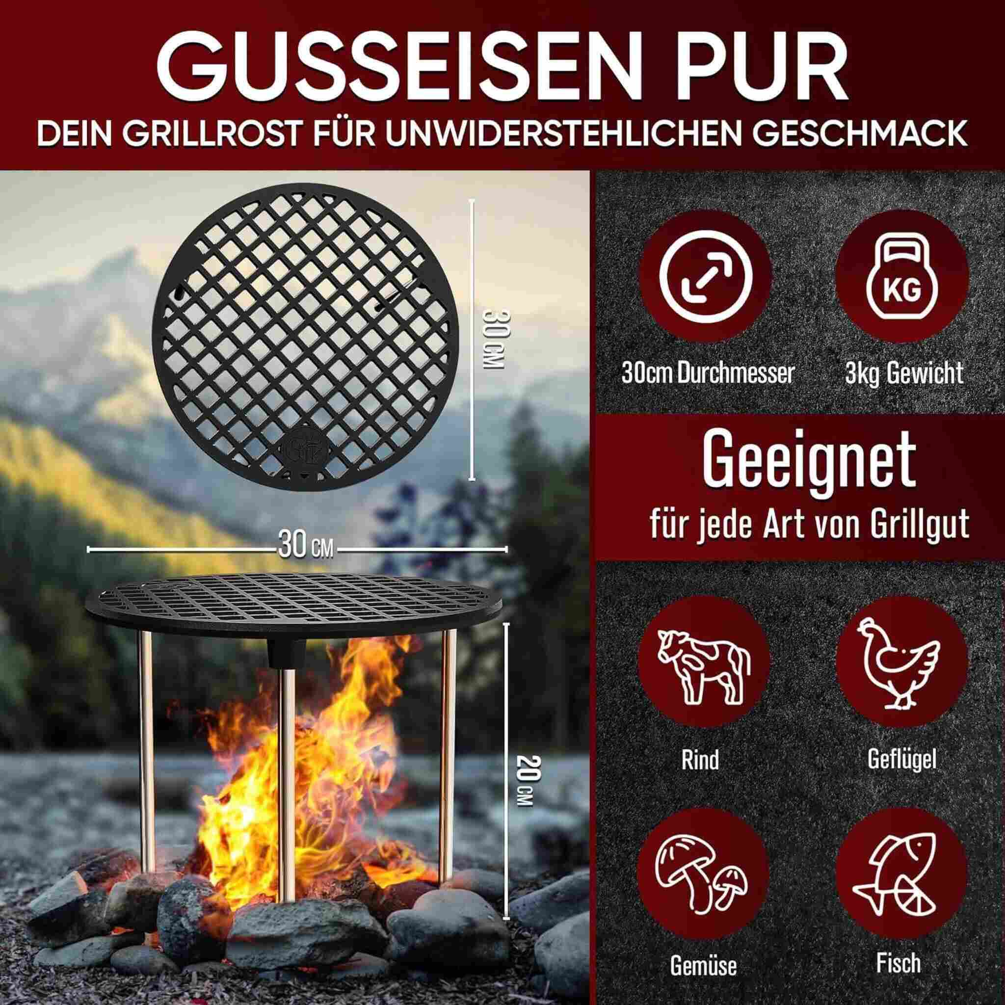 Gusseisen Grillrost Ø30 cm Mit Beinen | Gusskönig