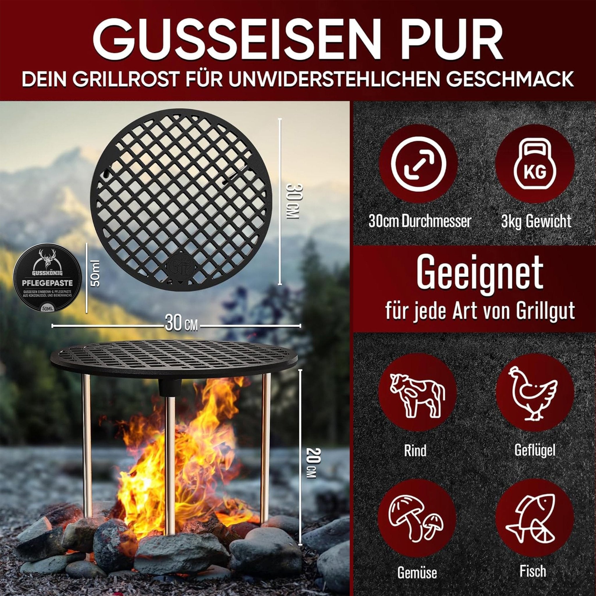 Gusseisen Grillrost Ø30 cm mit Beinen – DreibeinMit PflegepasteGusskönig
