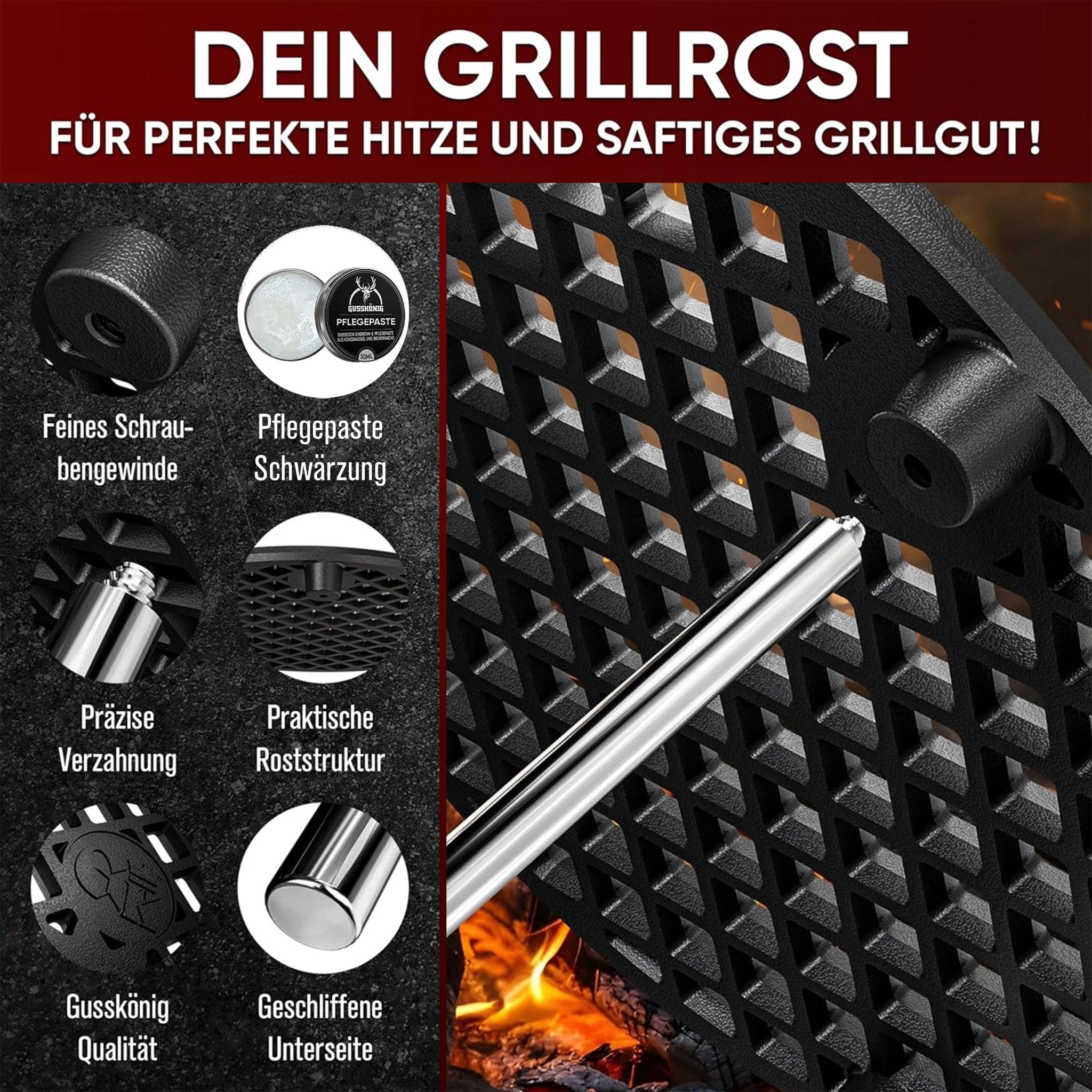 Gusseisen Grillrost Ø30 cm mit Beinen – DreibeinMit PflegepasteGusskönig