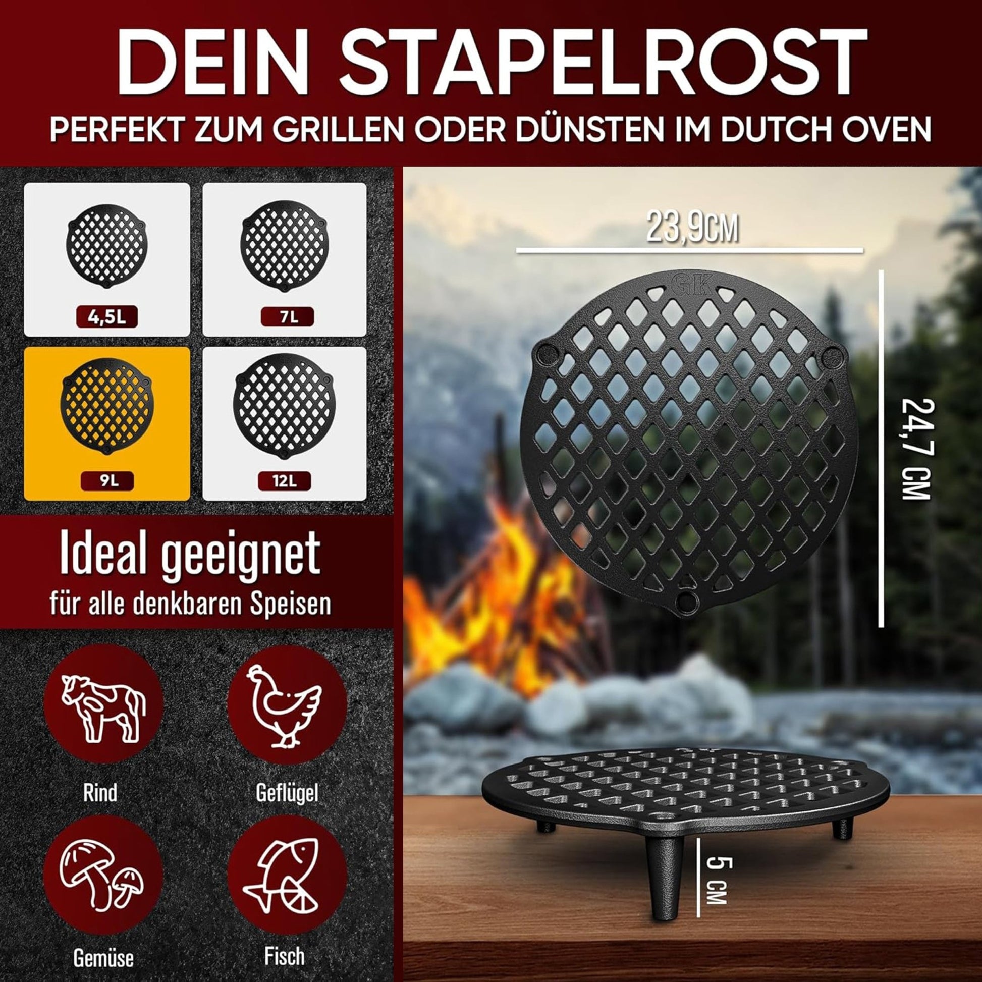 Gusseisen Stapelrost mit Beinen – Dreibein & Feuerrost9 LGusskönig