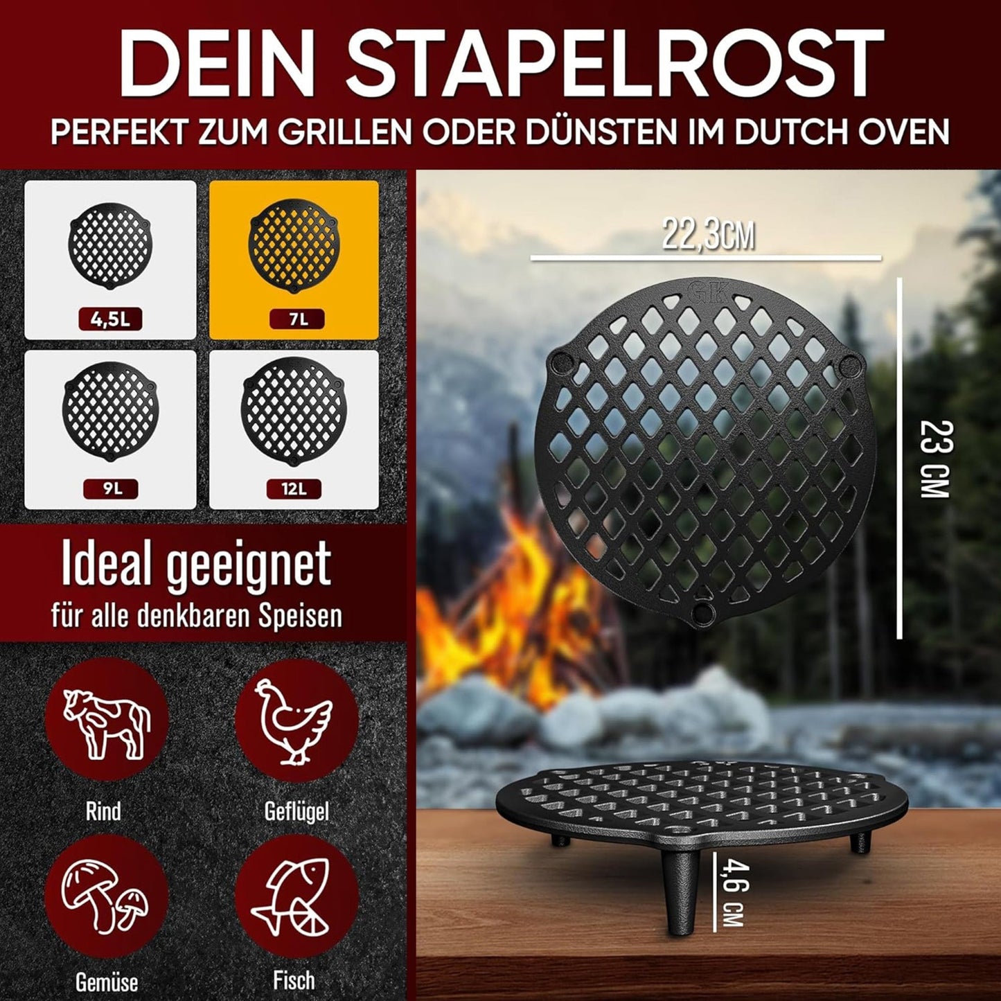 Gusseisen Stapelrost mit Beinen – Dreibein & Feuerrost