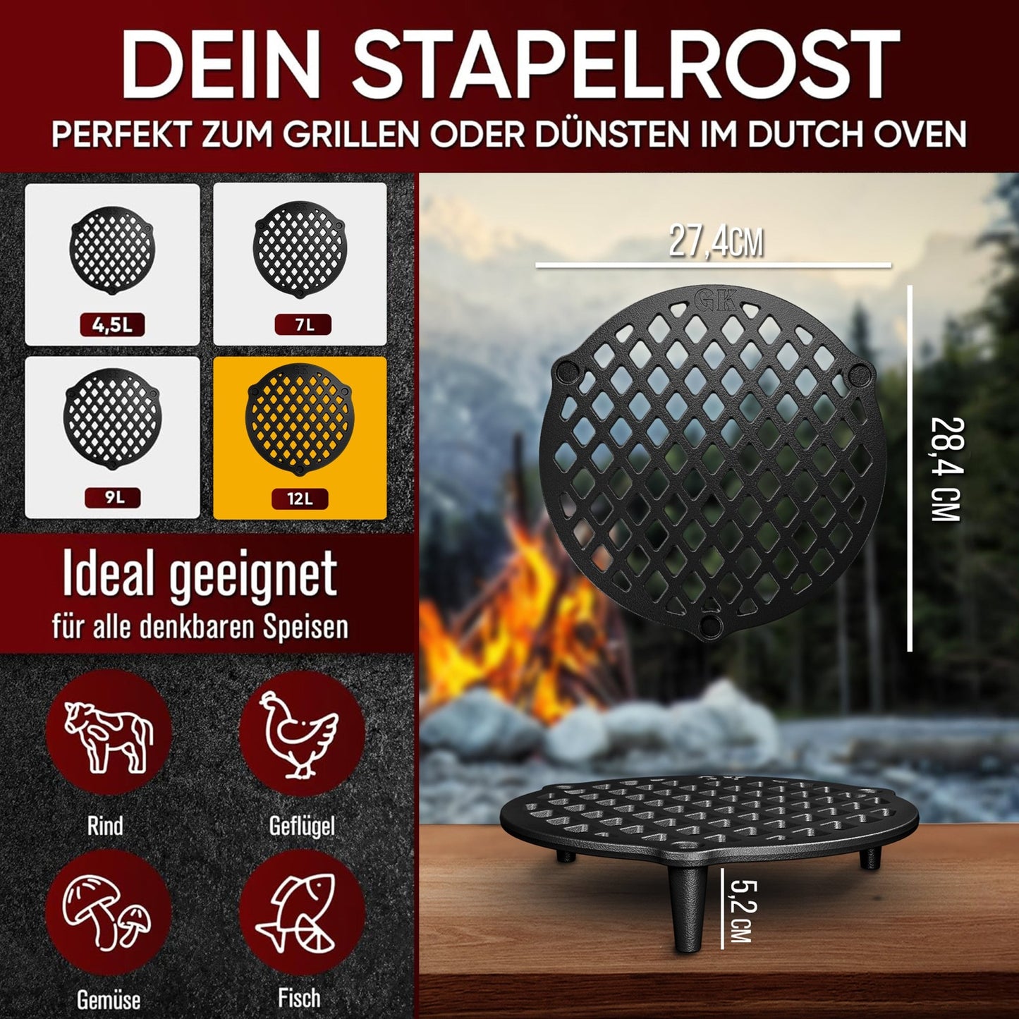 Gusseisen Stapelrost mit Beinen – Dreibein & Feuerrost12 LGusskönig