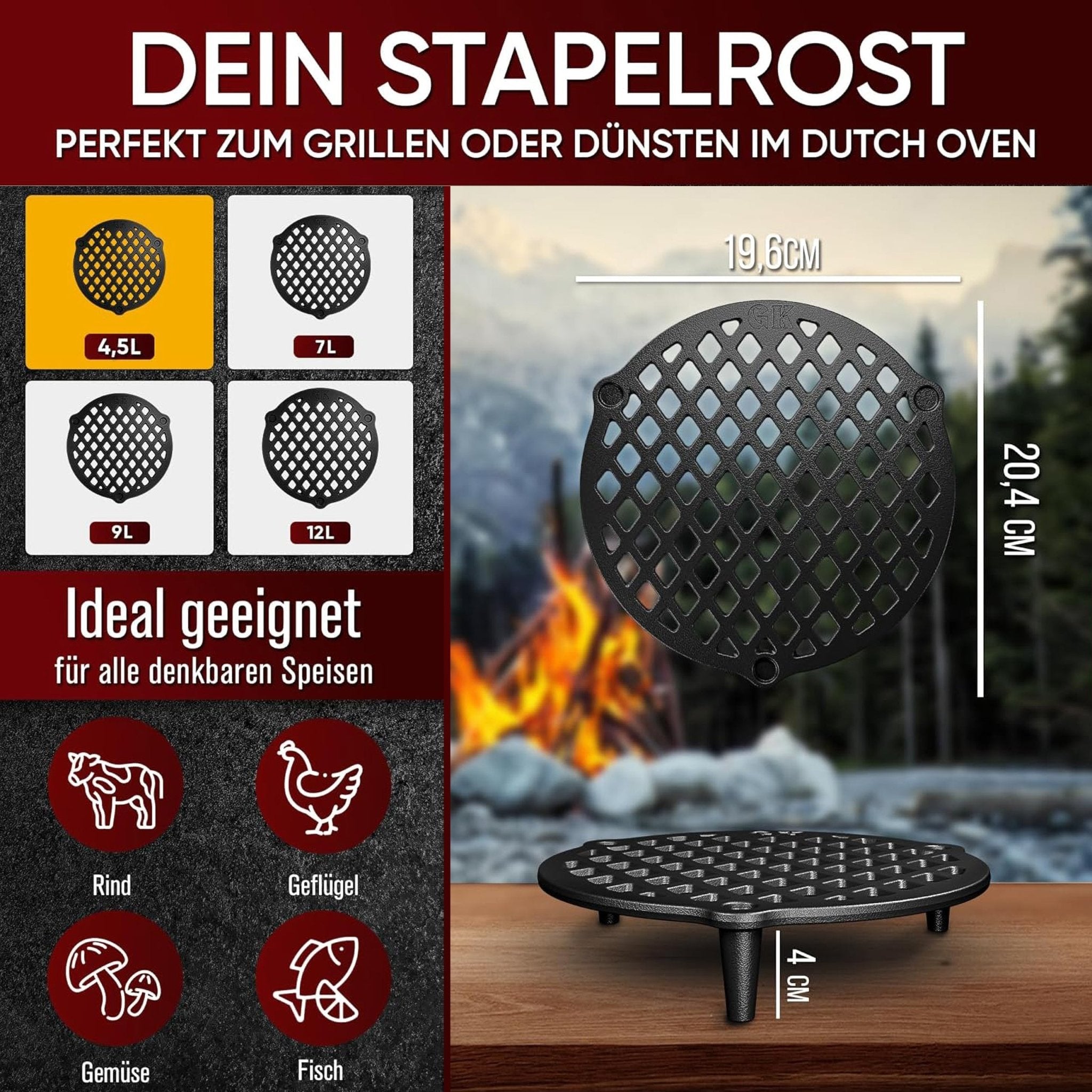 Gusseisen Stapelrost mit Beinen – Dreibein & Feuerrost