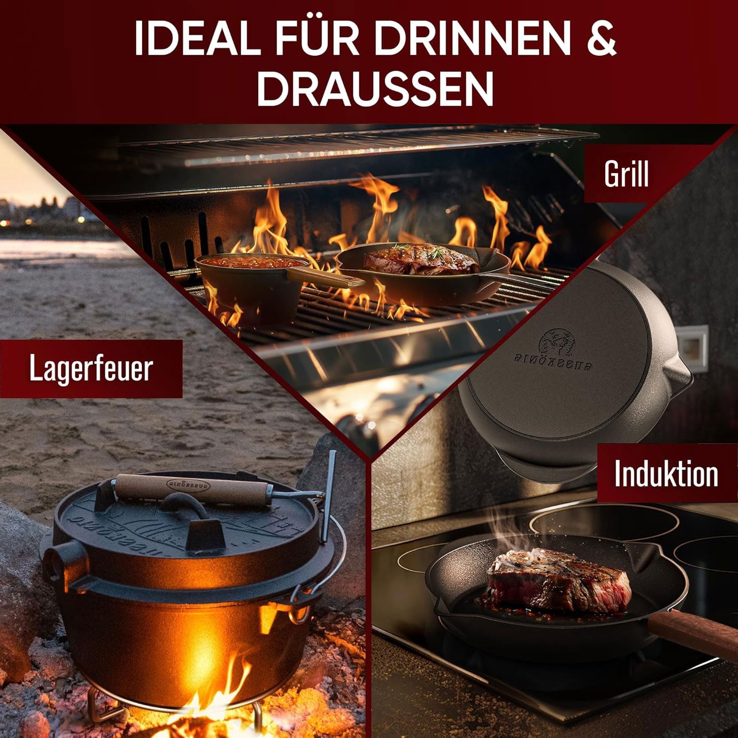 Gusseisen Topf - Set – Ideal zum Braten, Grillen & Schmoren13er SetGusskönig