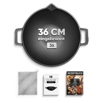 Gusskönig Gusseisen Wok Pfanne 36 cmOhne Grillhandschuhe+PflegepasteGusskönig