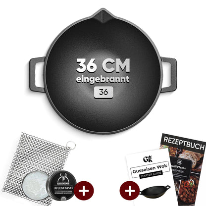 Gusskönig Gusseisen Wok Pfanne 36 cmMit Grillhandschuhen+PflegepasteGusskönig
