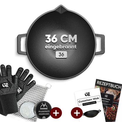 Gusskönig Gusseisen Wok Pfanne 36 cmMit Grillhandschuhen+PflegepasteGusskönig