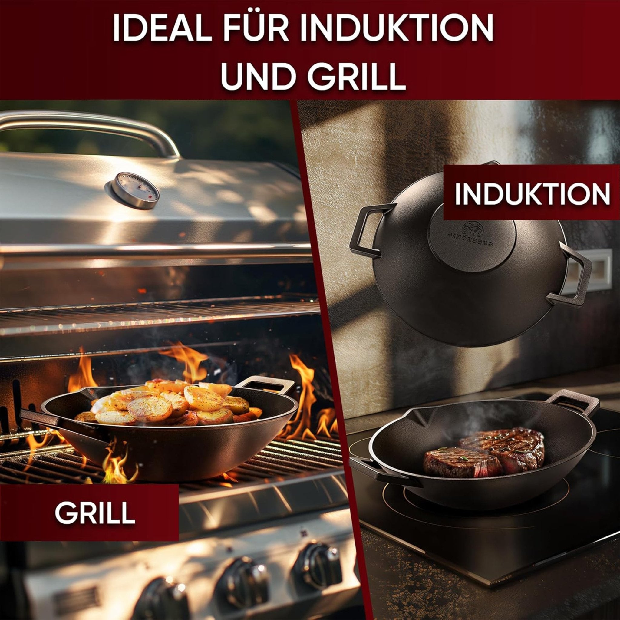 Gusskönig Gusseisen Wok Pfanne 36 cmOhne Grillhandschuhe+PflegepasteGusskönig