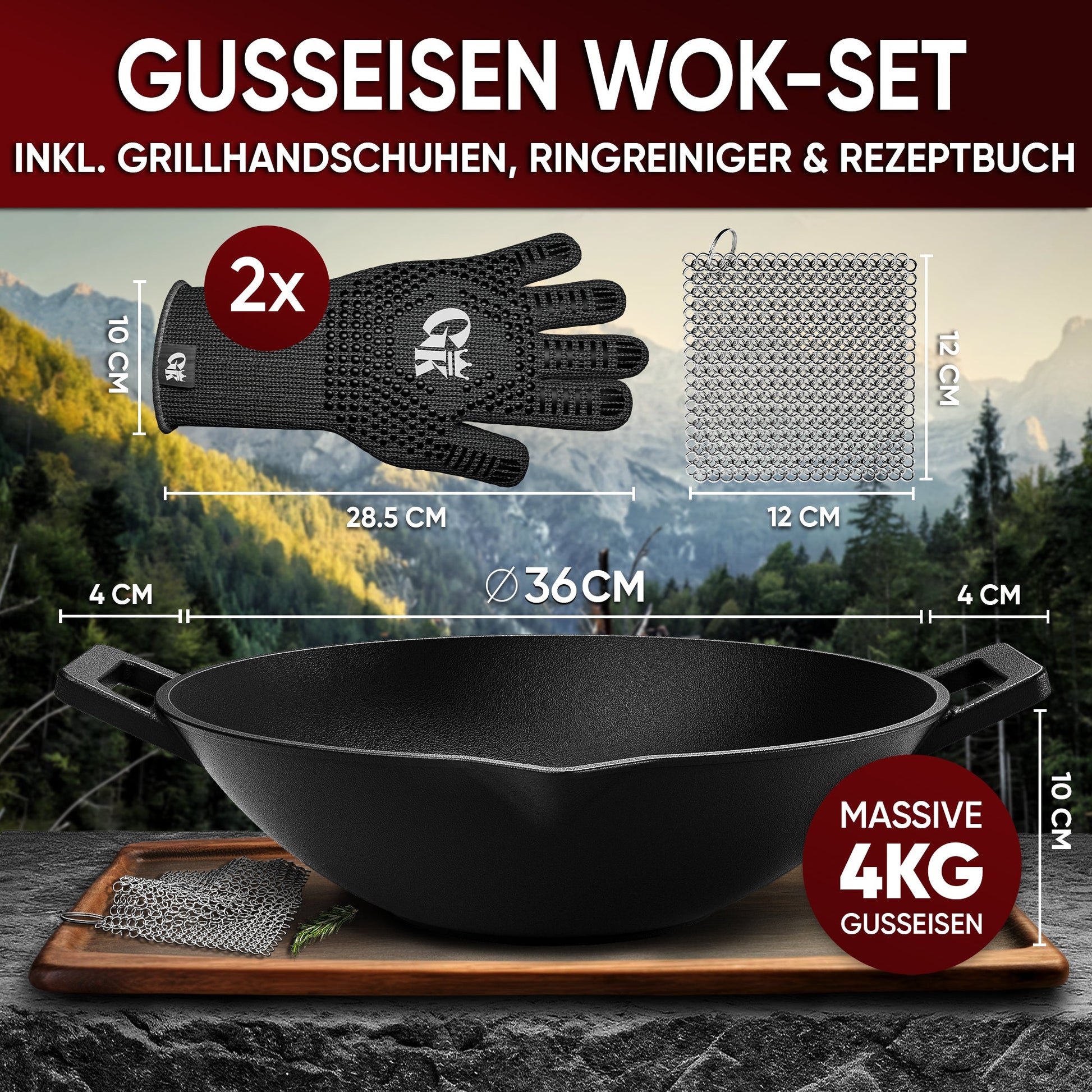 Gusskönig Gusseisen Wok Pfanne 36 cmOhne Grillhandschuhe+PflegepasteGusskönig