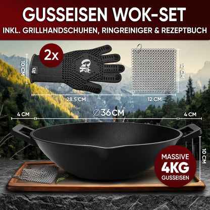 Gusskönig Gusseisen Wok Pfanne 36 cmOhne Grillhandschuhe+PflegepasteGusskönig