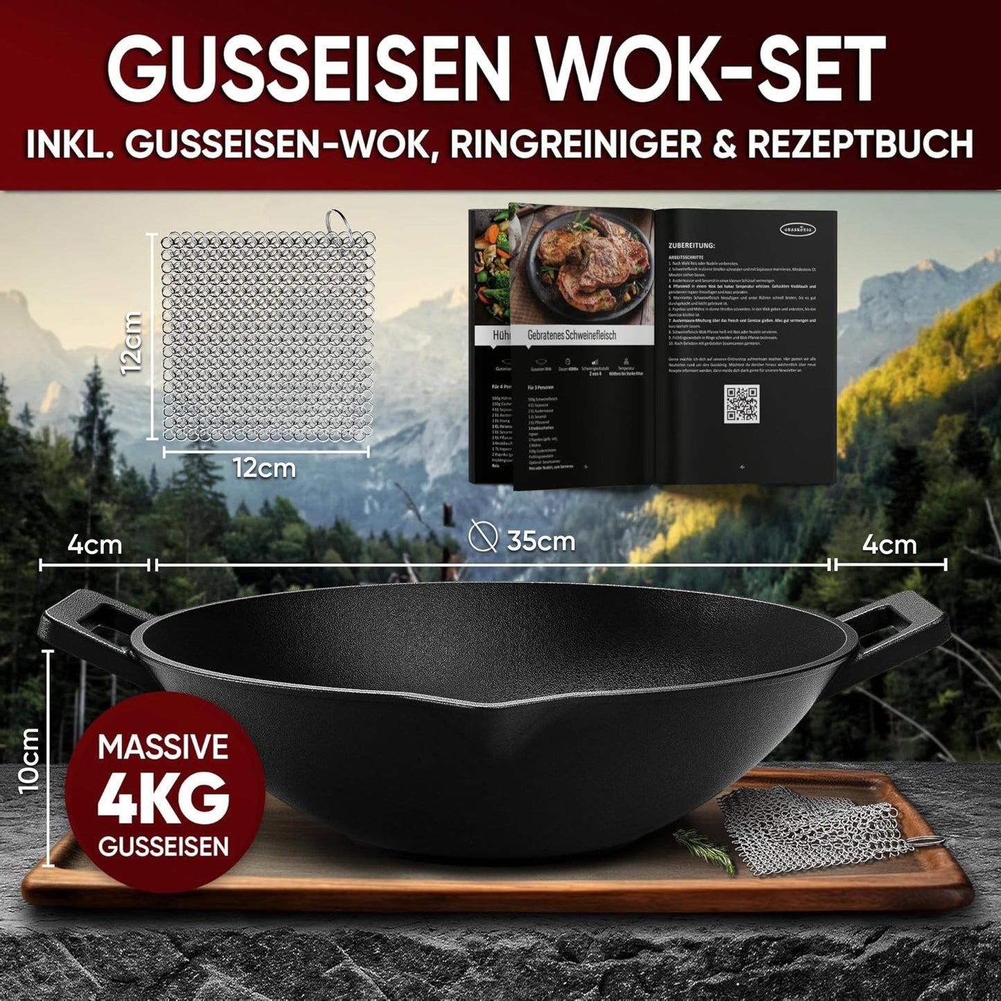 Gusskönig Gusseisen Wok Pfanne 36 cmOhne Grillhandschuhe+PflegepasteGusskönig