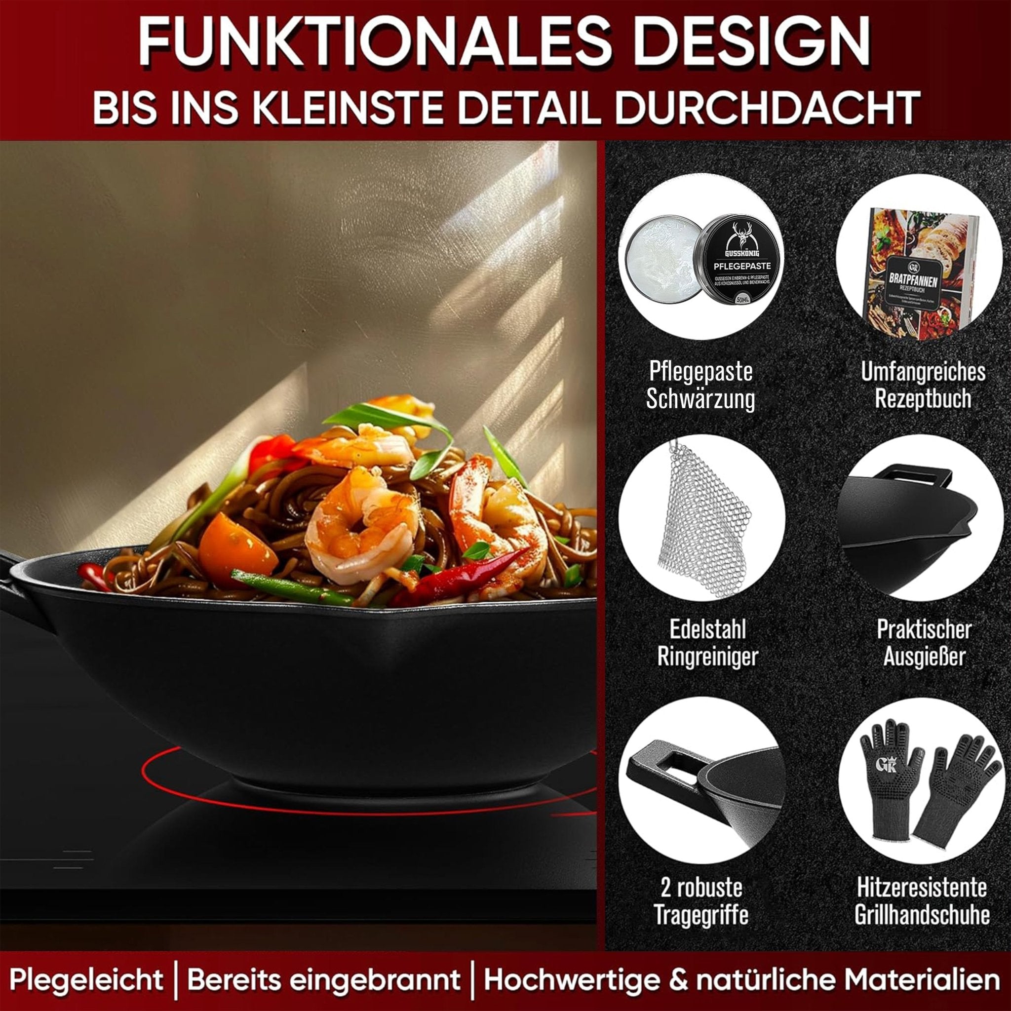 Gusskönig Gusseisen Wok Pfanne 36 cmMit Grillhandschuhen+PflegepasteGusskönig