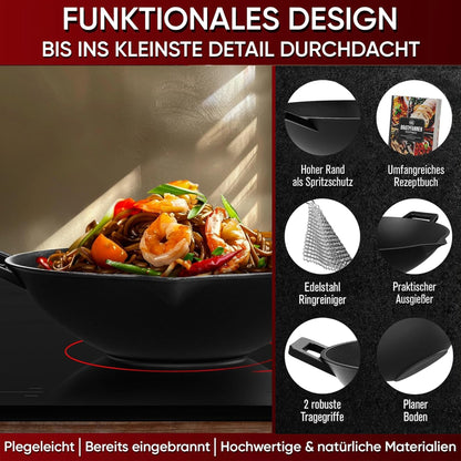 Gusskönig Gusseisen Wok Pfanne 36 cmOhne Grillhandschuhe+PflegepasteGusskönig