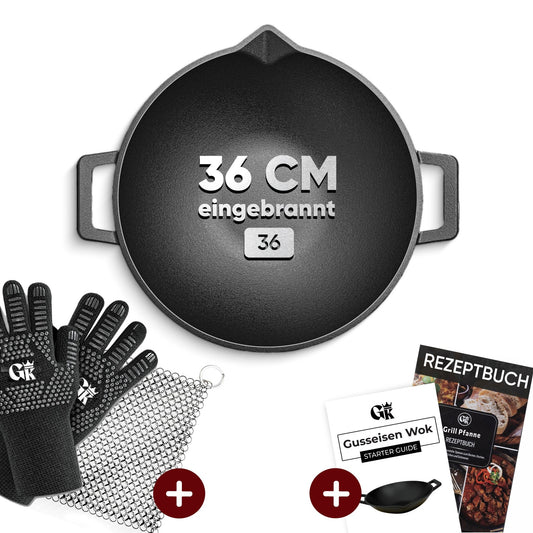 Gusskönig Gusseisen Wok Pfanne 36 cmOhne Grillhandschuhe+PflegepasteGusskönig