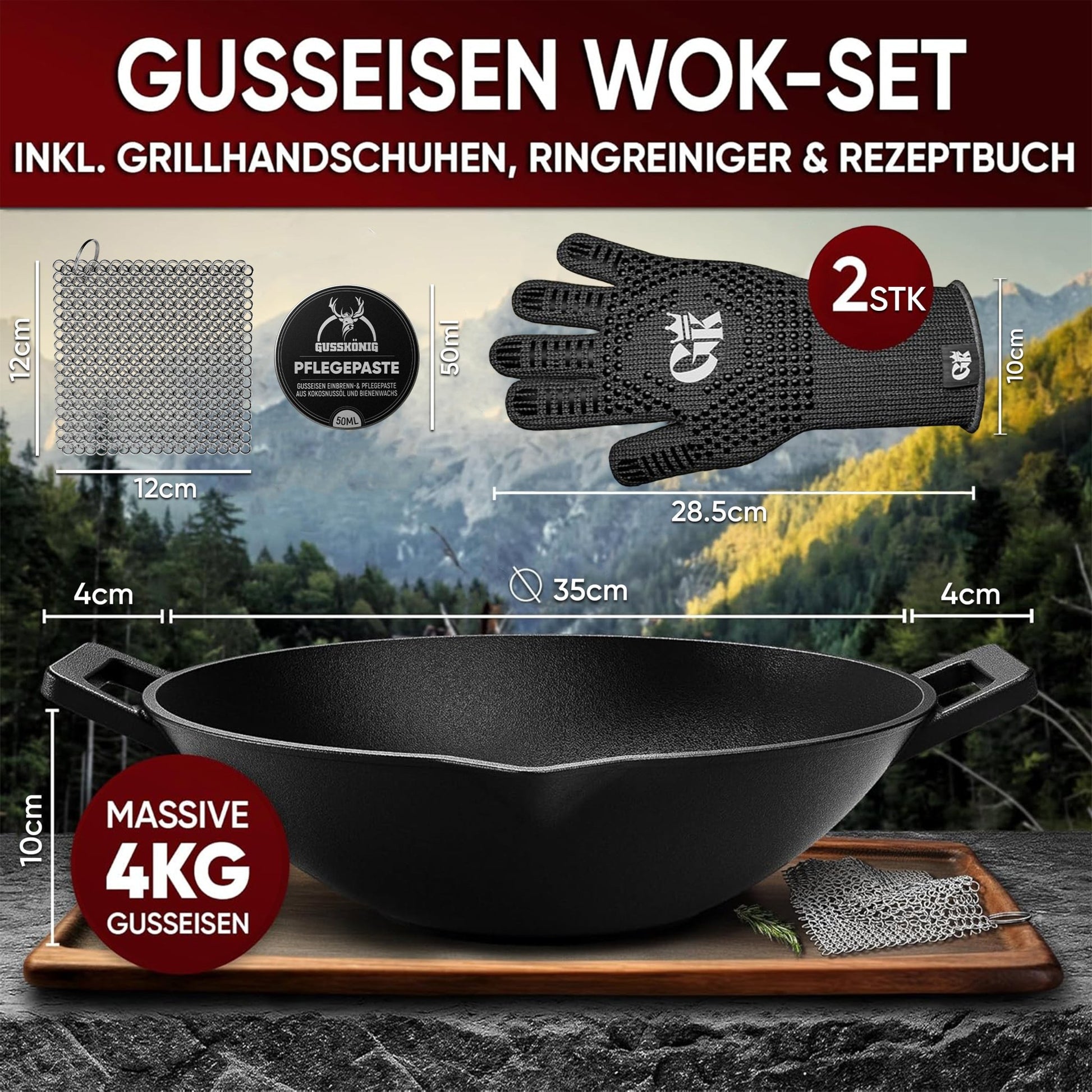 Gusskönig Gusseisen Wok Pfanne 36 cmMit Grillhandschuhen+PflegepasteGusskönig