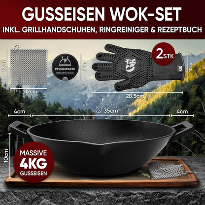 Gusskönig Gusseisen Wok Pfanne 36 cmMit Grillhandschuhen+PflegepasteGusskönig