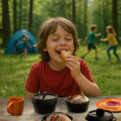 GUSSKÖNIG Mini Gusseisen Brotbackform Set – [6x, 4x] 300ml Brotbacktopf mit Deckel4X ohne HolzuntersetzerGusskönig