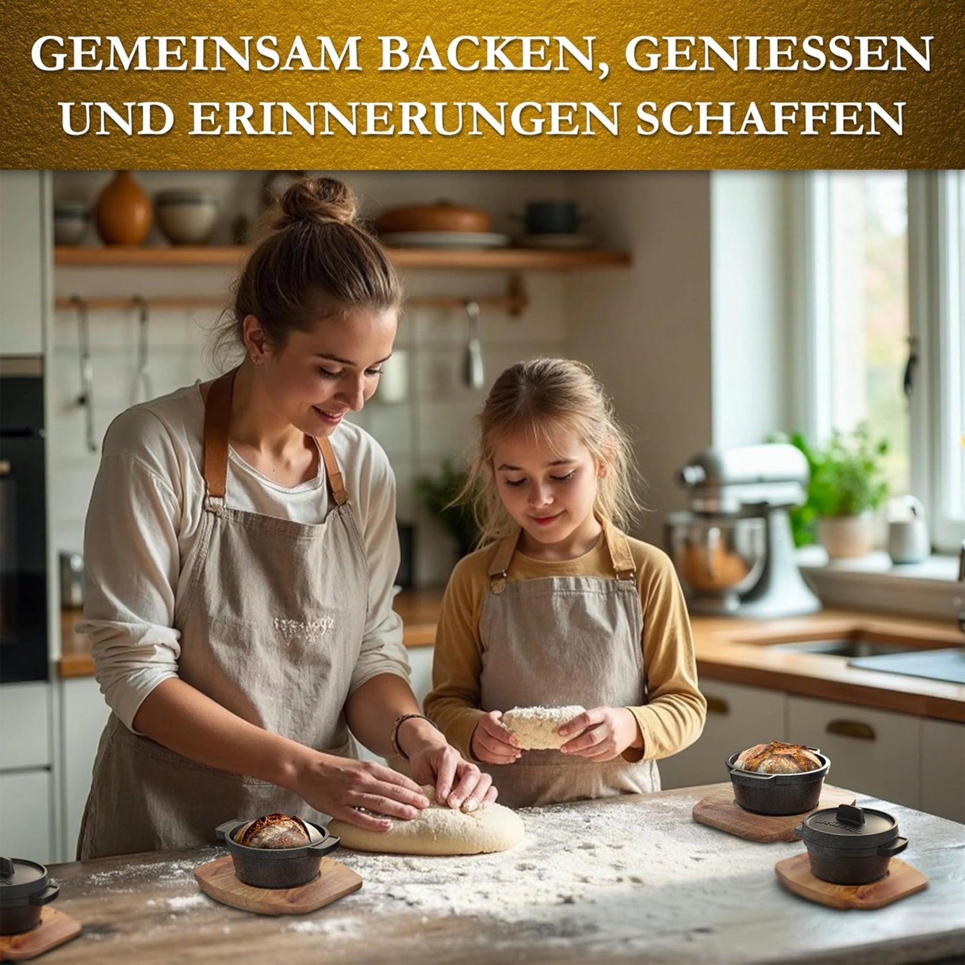 GUSSKÖNIG Mini Gusseisen Brotbackform Set – [6x, 4x] 300ml Brotbacktopf mit Deckel6X ohne HolzuntersetzerGusskönig