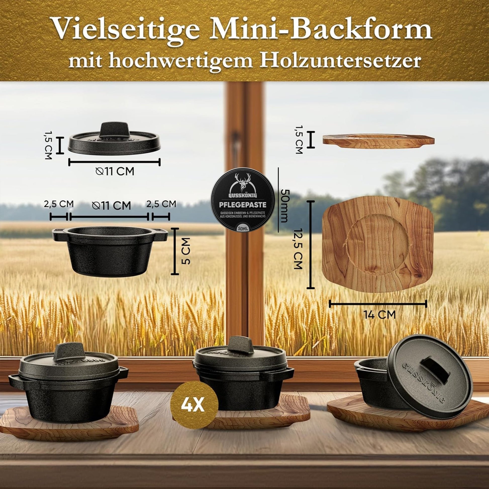GUSSKÖNIG Mini Gusseisen Brotbackform Set – [6x, 4x] 300ml Brotbacktopf mit Deckel4X mit HolzuntersetzerGusskönig