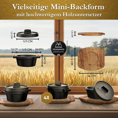 GUSSKÖNIG Mini Gusseisen Brotbackform Set – [6x, 4x] 300ml Brotbacktopf mit Deckel4X mit HolzuntersetzerGusskönig