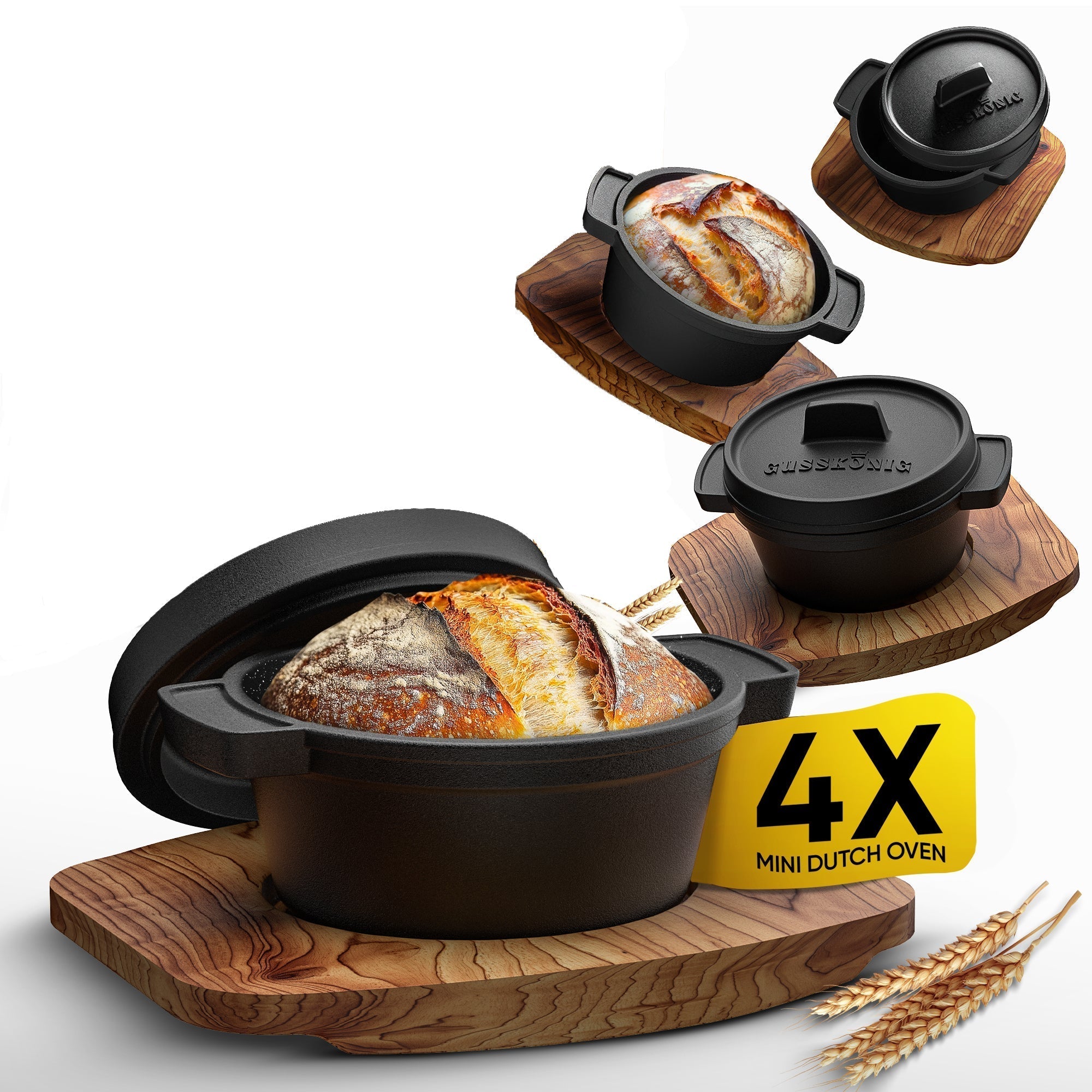 GUSSKÖNIG Mini Gusseisen Brotbackform Set – [6x, 4x] 300ml Brotbacktopf mit Deckel4X mit HolzuntersetzerGusskönig