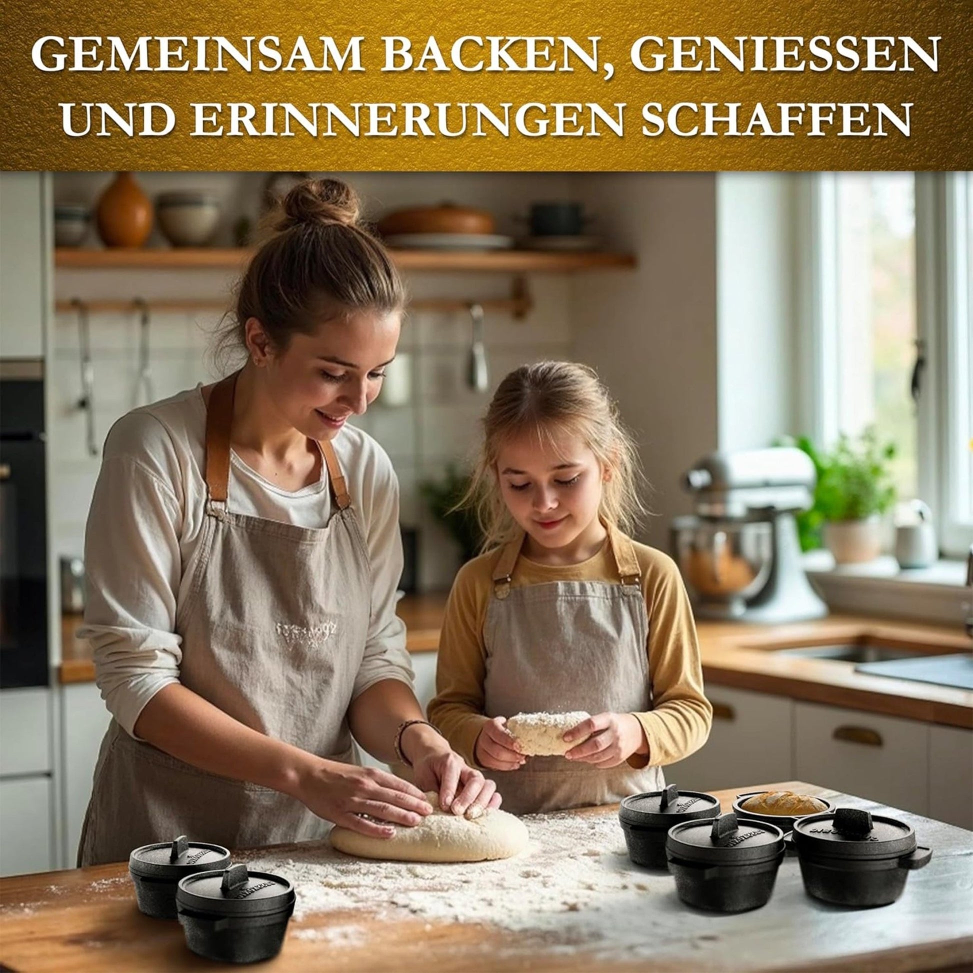 GUSSKÖNIG Mini Gusseisen Brotbackform Set – [6x, 4x] 300ml Brotbacktopf mit Deckel4X mit HolzuntersetzerGusskönig