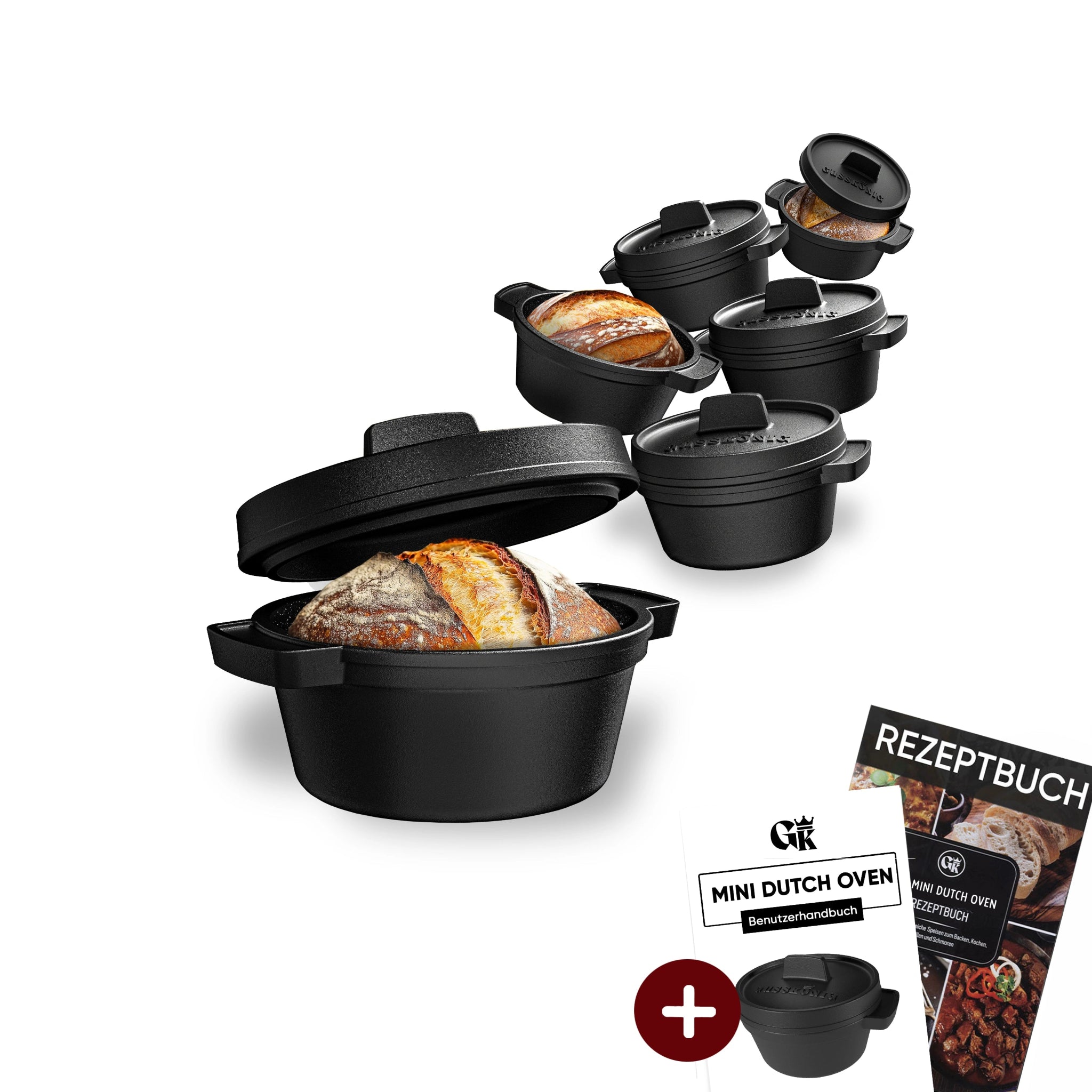 GUSSKÖNIG Mini Gusseisen Brotbackform Set – [6x, 4x] 300ml Brotbacktopf mit Deckel6X ohne HolzuntersetzerGusskönig