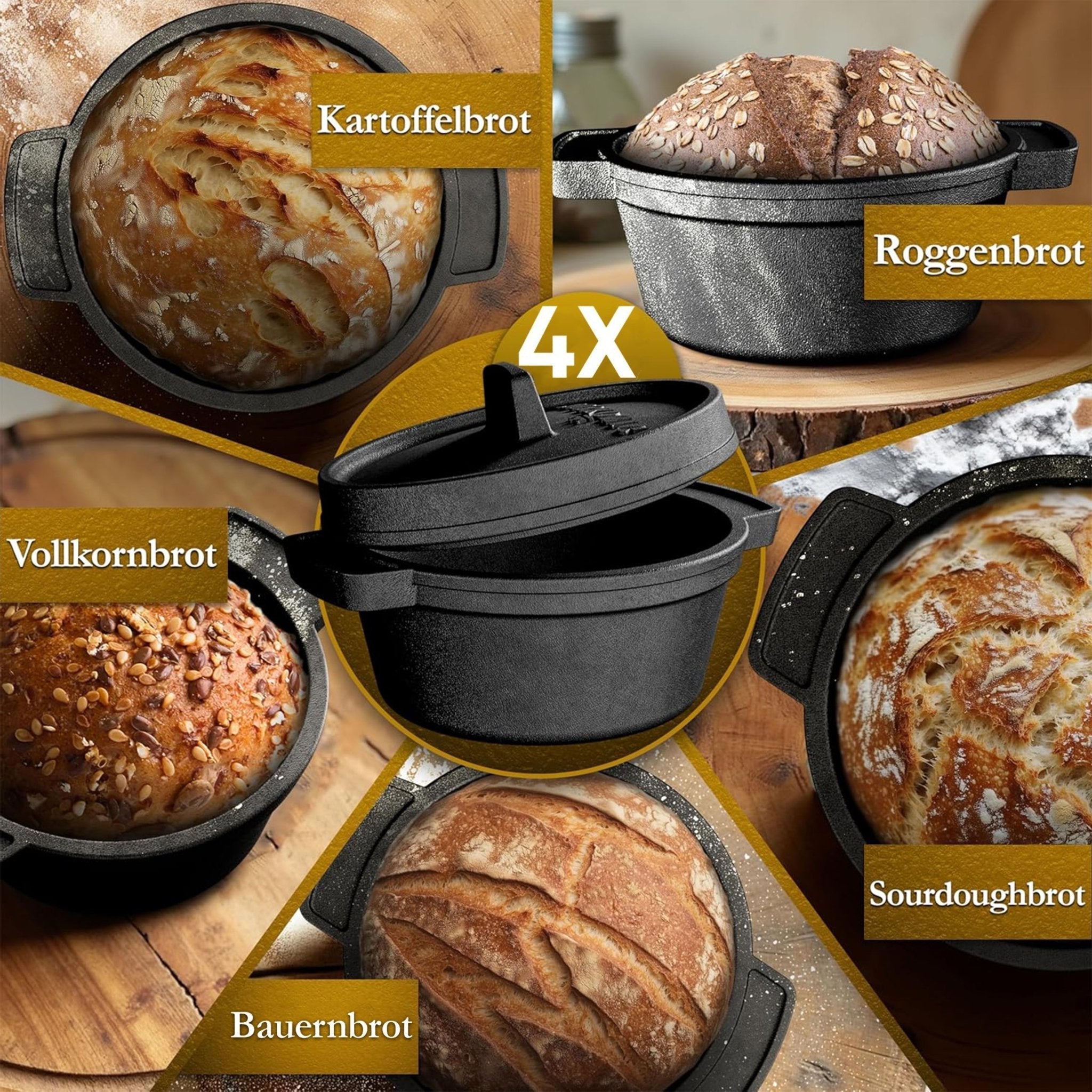 GUSSKÖNIG Mini Gusseisen Brotbackform Set – [6x, 4x] 300ml Brotbacktopf mit Deckel4X mit HolzuntersetzerGusskönig