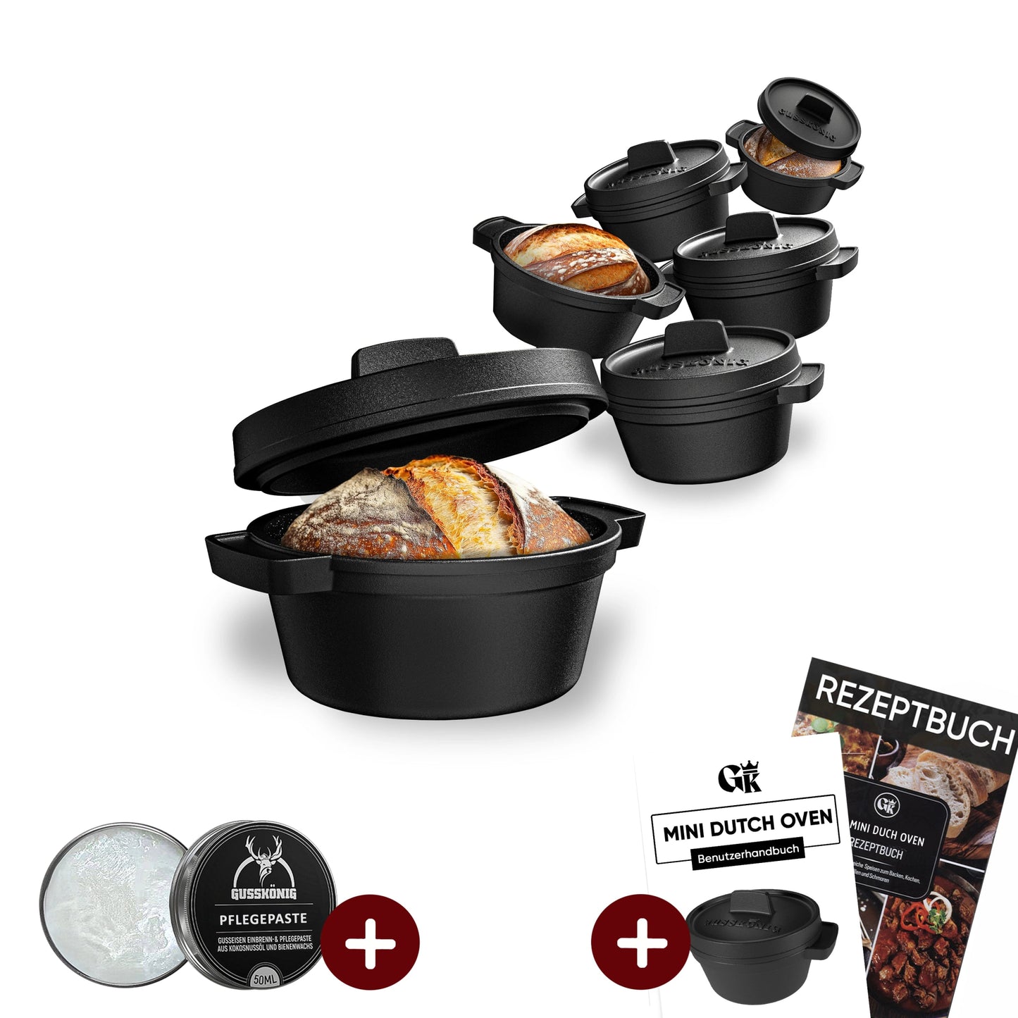 GUSSKÖNIG Mini Gusseisen Brotbackform Set – [6x, 4x] 300ml Brotbacktopf mit Deckel6X ohne HolzuntersetzerGusskönig