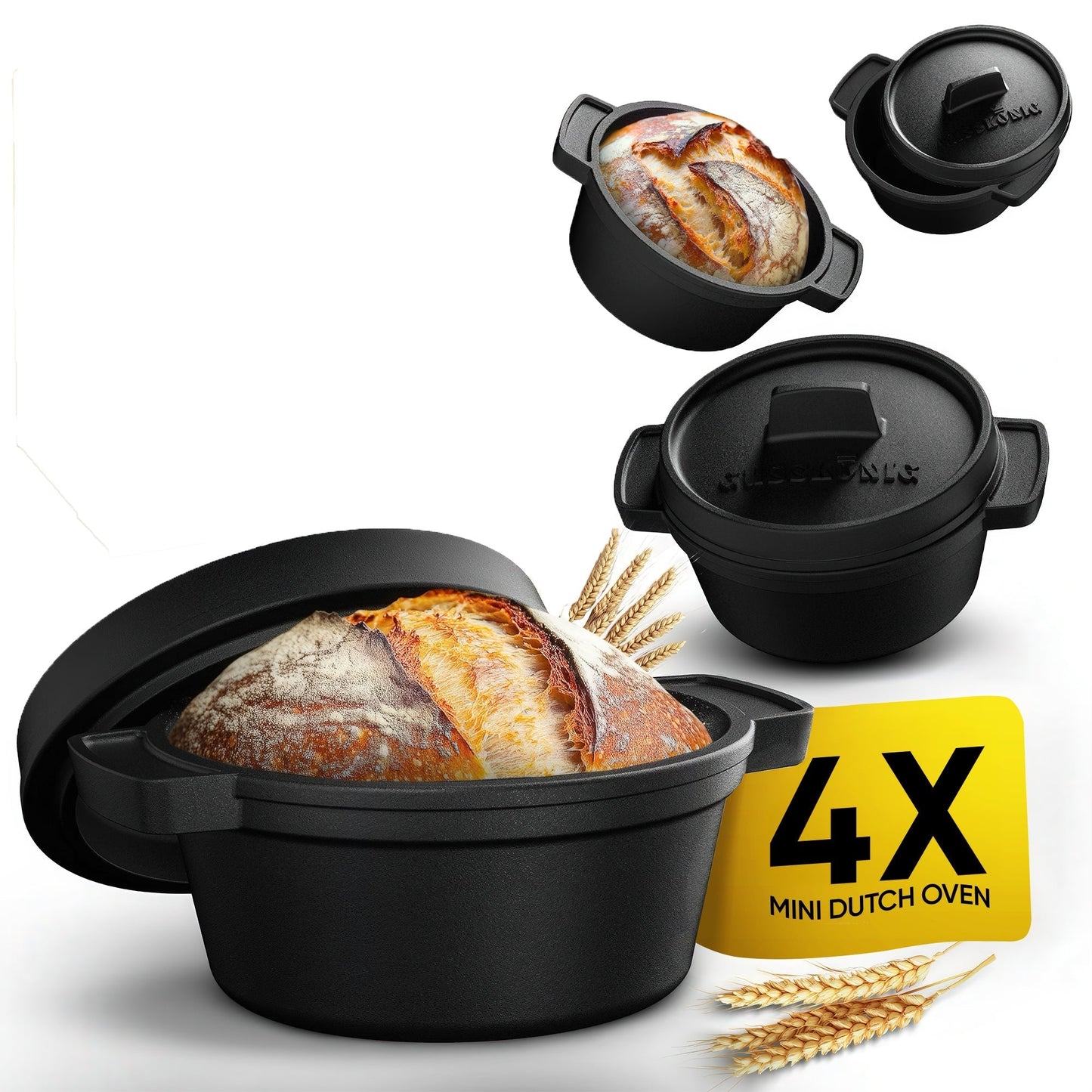 GUSSKÖNIG Mini Gusseisen Brotbackform Set – [6x, 4x] 300ml Brotbacktopf mit Deckel4X ohne HolzuntersetzerGusskönig