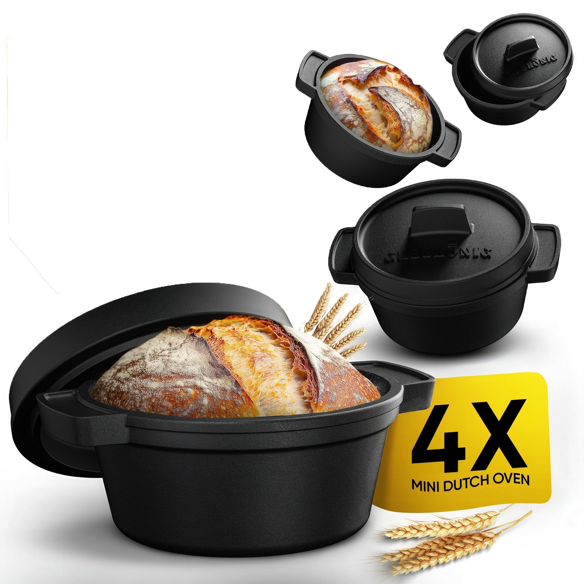 GUSSKÖNIG Mini Gusseisen Brotbackform Set – [6x, 4x] 300ml Brotbacktopf mit Deckel4X ohne HolzuntersetzerGusskönig