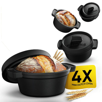 GUSSKÖNIG Mini Gusseisen Brotbackform Set – [6x, 4x] 300ml Brotbacktopf mit Deckel4X ohne HolzuntersetzerGusskönig