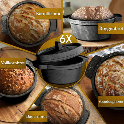 GUSSKÖNIG Mini Gusseisen Brotbackform Set – [6x, 4x] 300ml Brotbacktopf mit Deckel6X ohne HolzuntersetzerGusskönig