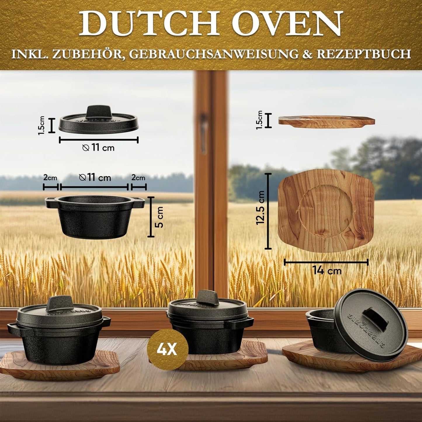 GUSSKÖNIG Mini Gusseisen Brotbackform Set – [6x, 4x] 300ml Brotbacktopf mit Deckel4X mit HolzuntersetzerGusskönig
