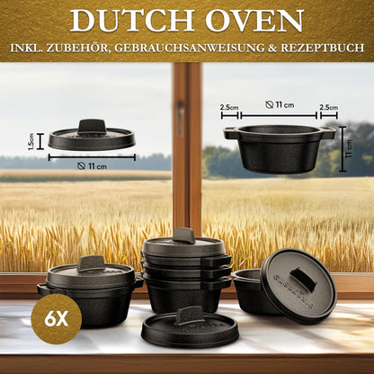 GUSSKÖNIG Mini Gusseisen Brotbackform Set – [6x, 4x] 300ml Brotbacktopf mit Deckel6X ohne HolzuntersetzerGusskönig