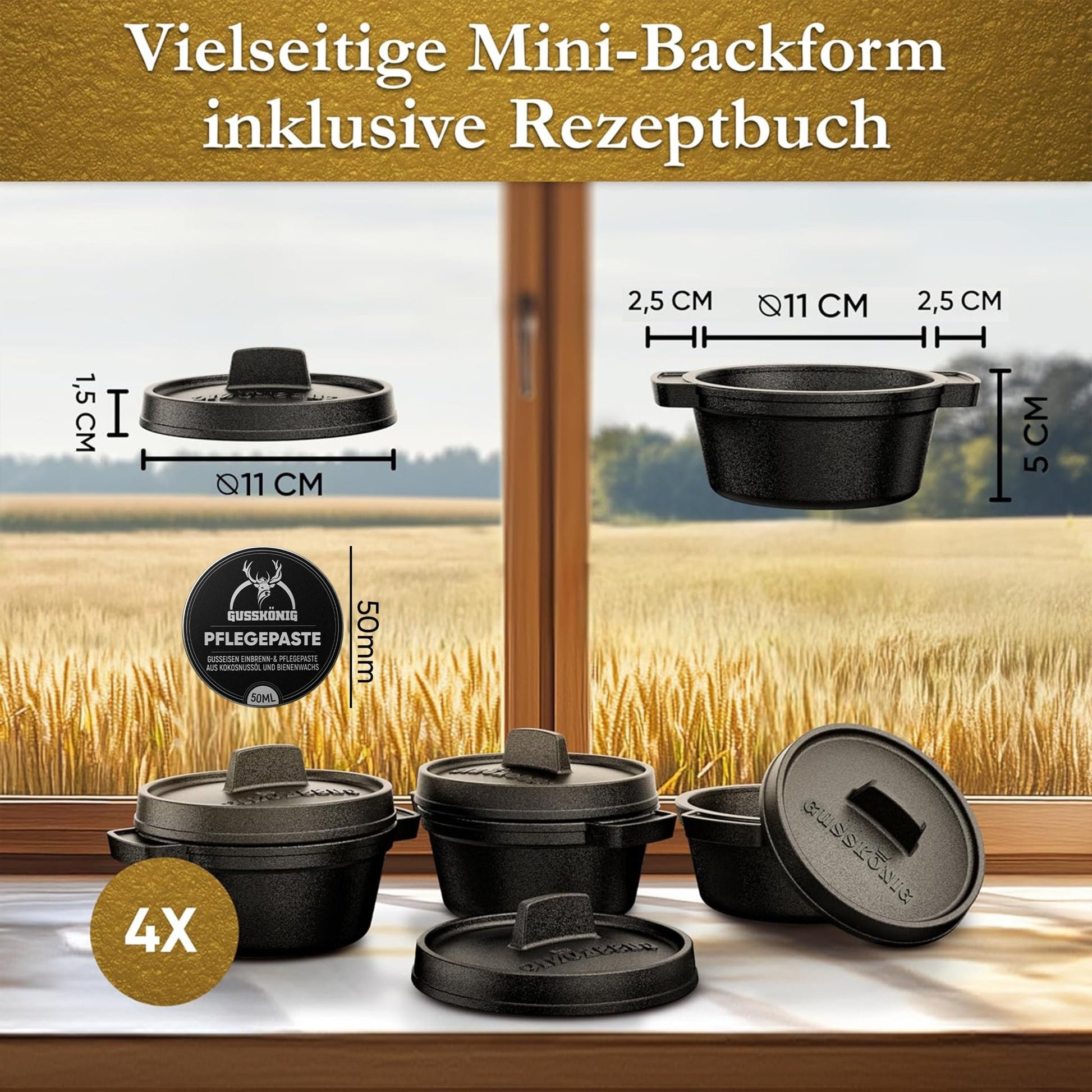 GUSSKÖNIG Mini Gusseisen Brotbackform Set – [6x, 4x] 300ml Brotbacktopf mit Deckel4X ohne HolzuntersetzerGusskönig
