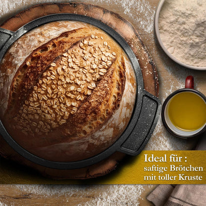 GUSSKÖNIG Mini Gusseisen Brotbackform Set – [6x, 4x] 300ml Brotbacktopf mit Deckel4X mit HolzuntersetzerGusskönig