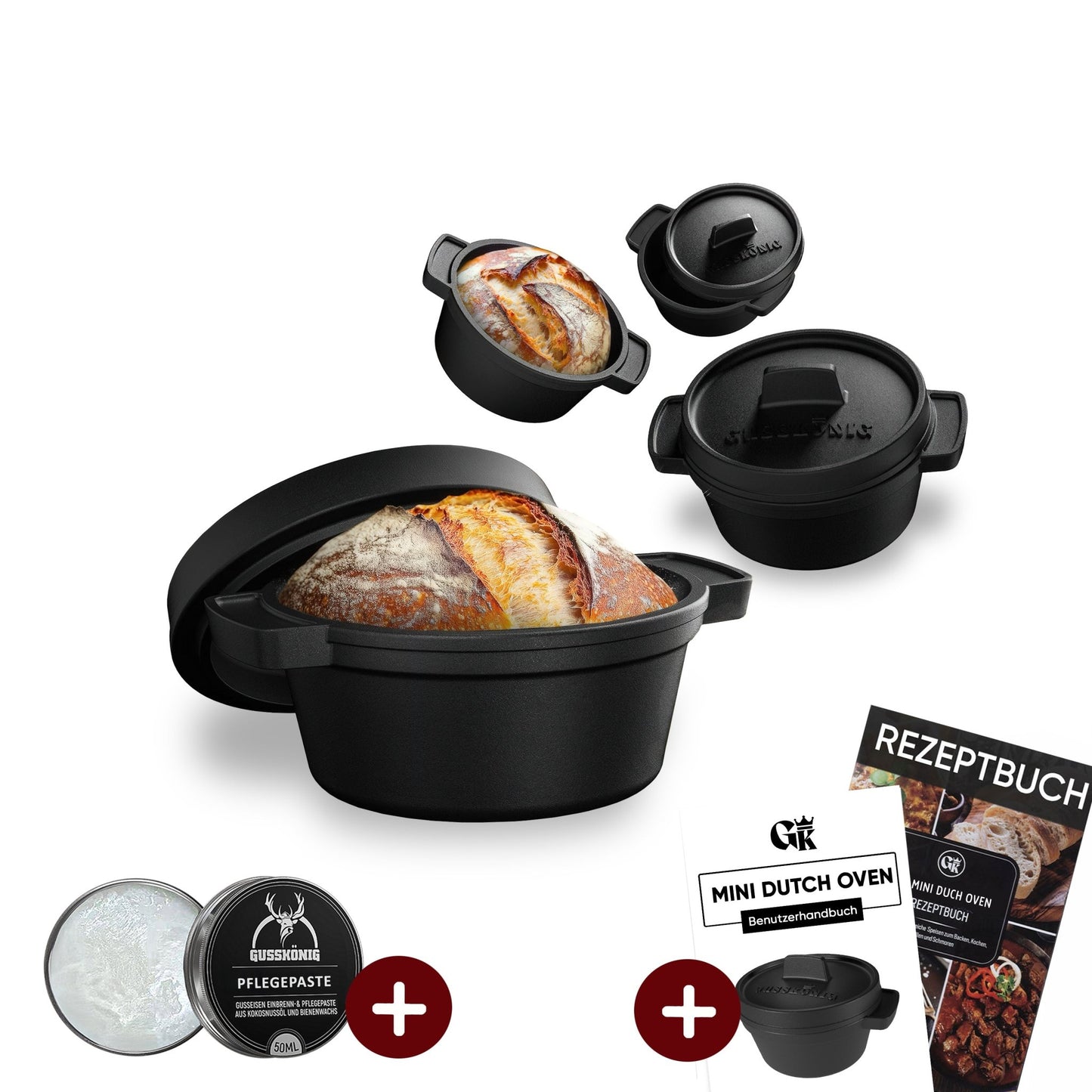 GUSSKÖNIG Mini Gusseisen Brotbackform Set – [6x, 4x] 300ml Brotbacktopf mit Deckel4X ohne HolzuntersetzerGusskönig