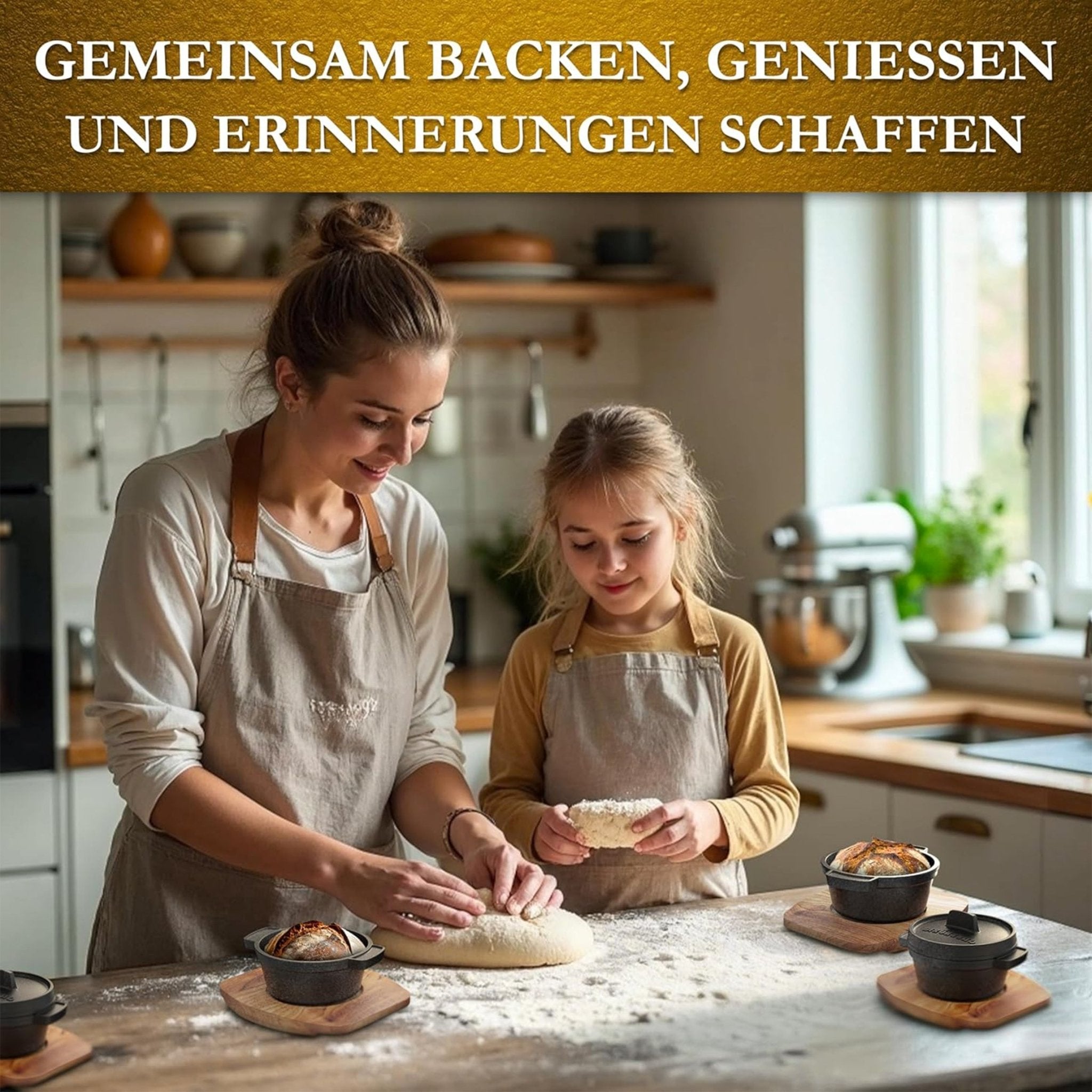 GUSSKÖNIG Mini Gusseisen Brotbackform Set – [6x, 4x] 300ml Brotbacktopf mit Deckel4X ohne HolzuntersetzerGusskönig
