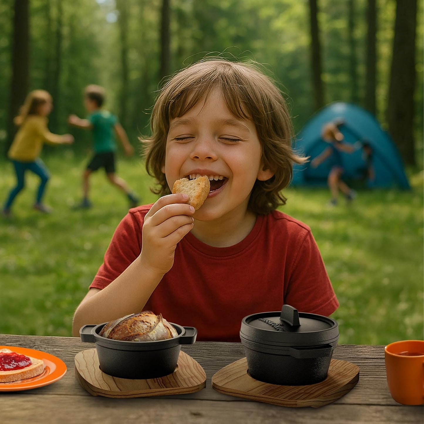 GUSSKÖNIG Mini Gusseisen Brotbackform Set – [6x, 4x] 300ml Brotbacktopf mit Deckel4X mit HolzuntersetzerGusskönig
