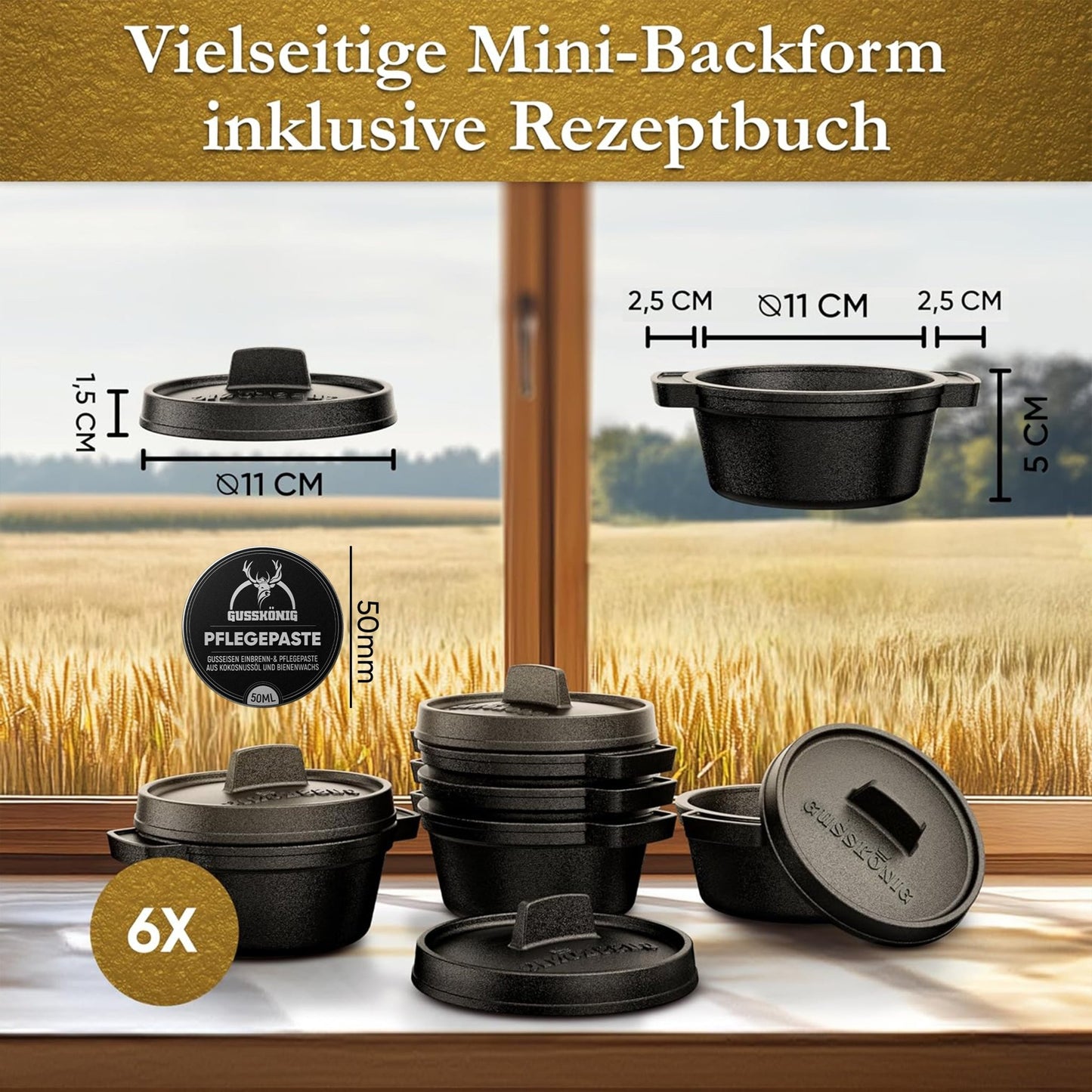 GUSSKÖNIG Mini Gusseisen Brotbackform Set – [6x, 4x] 300ml Brotbacktopf mit Deckel6X ohne HolzuntersetzerGusskönig