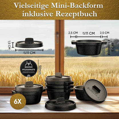 GUSSKÖNIG Mini Gusseisen Brotbackform Set – [6x, 4x] 300ml Brotbacktopf mit Deckel6X ohne HolzuntersetzerGusskönig