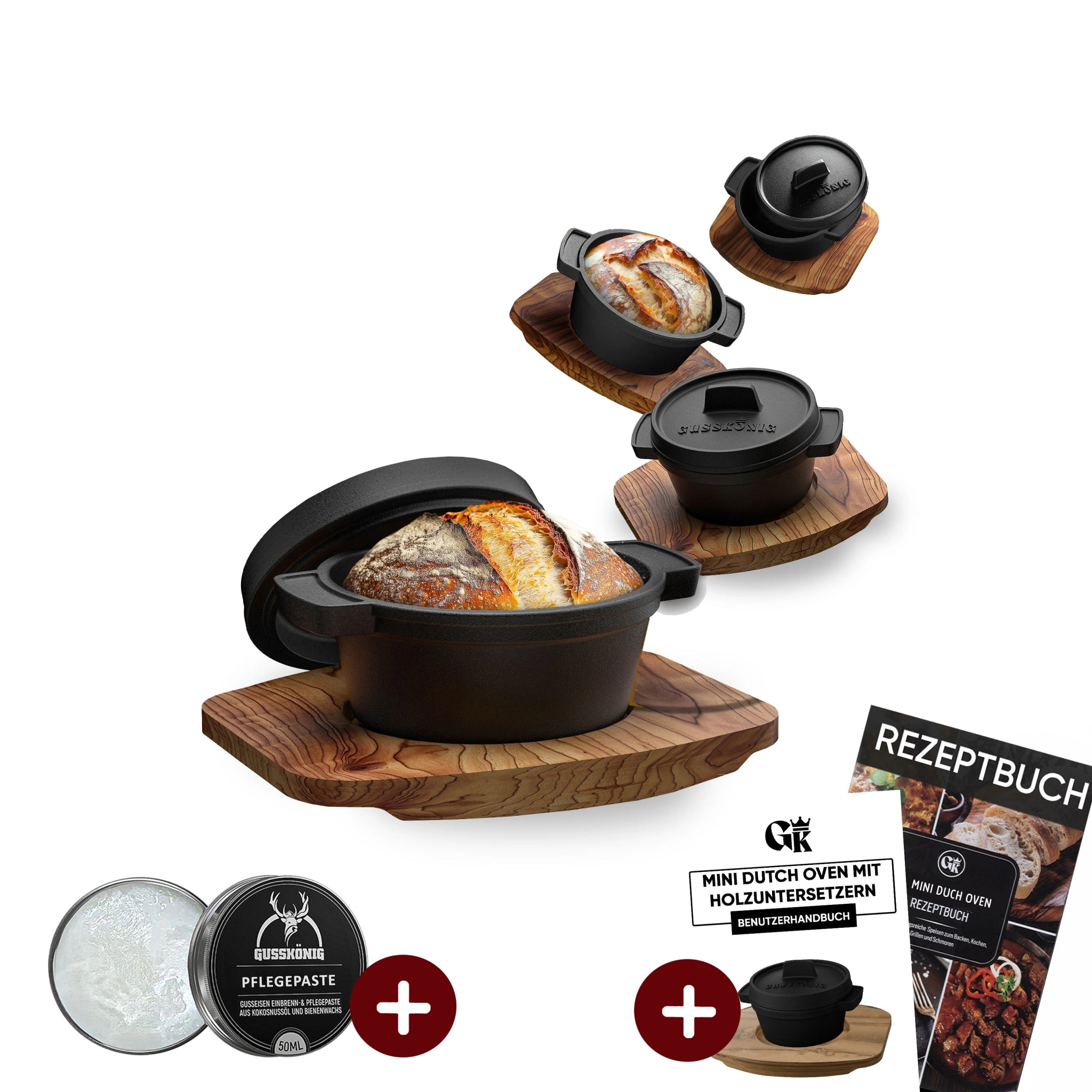 GUSSKÖNIG Mini Gusseisen Brotbackform Set – [6x, 4x] 300ml Brotbacktopf mit Deckel4X mit HolzuntersetzerGusskönig