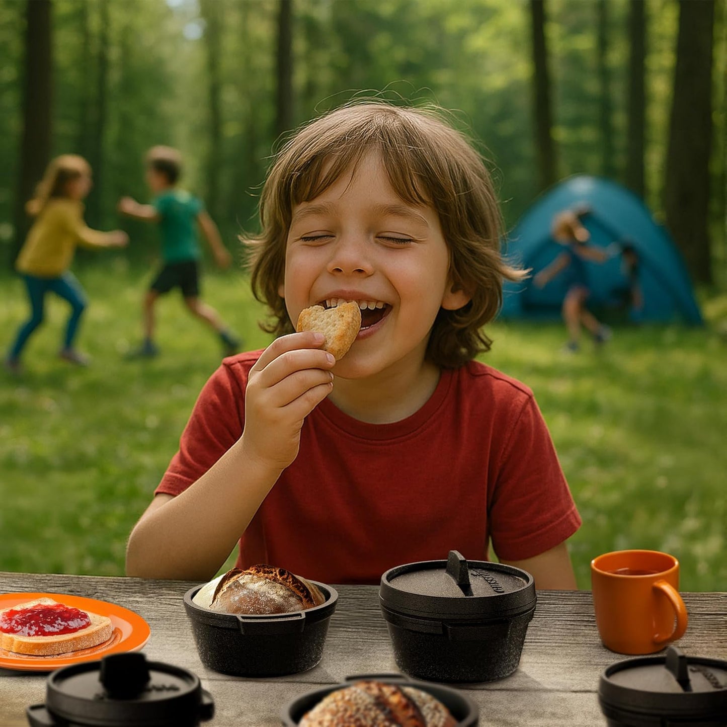 GUSSKÖNIG Mini Gusseisen Brotbackform Set – [6x, 4x] 300ml Brotbacktopf mit Deckel4X mit HolzuntersetzerGusskönig