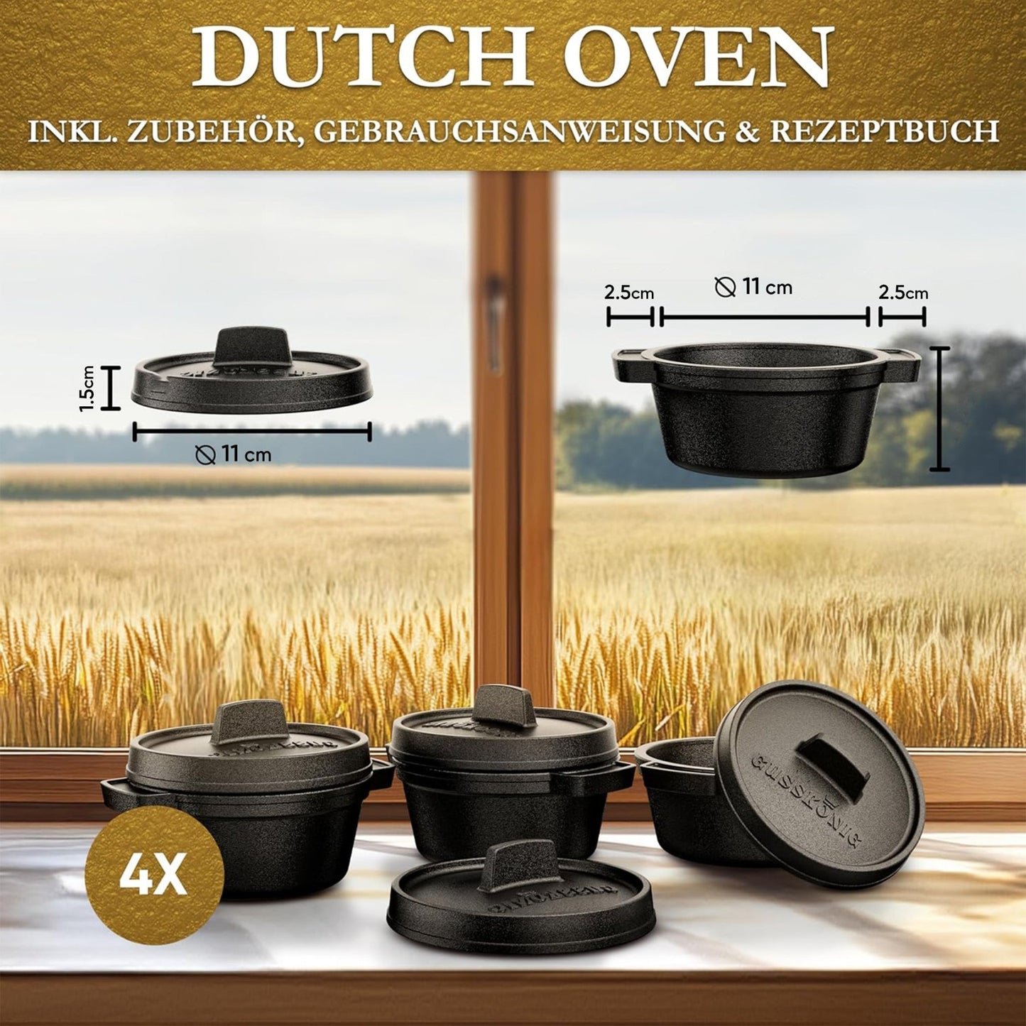 GUSSKÖNIG Mini Gusseisen Brotbackform Set – [6x, 4x] 300ml Brotbacktopf mit Deckel4X ohne HolzuntersetzerGusskönig