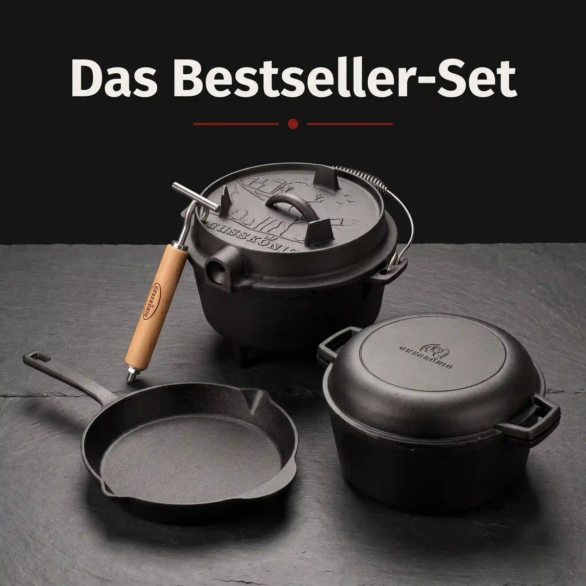 Das Bestseller Set - Unser Premium Dutch Oven 9L + 2in1 Brottopf + 26cm Königspfanne
