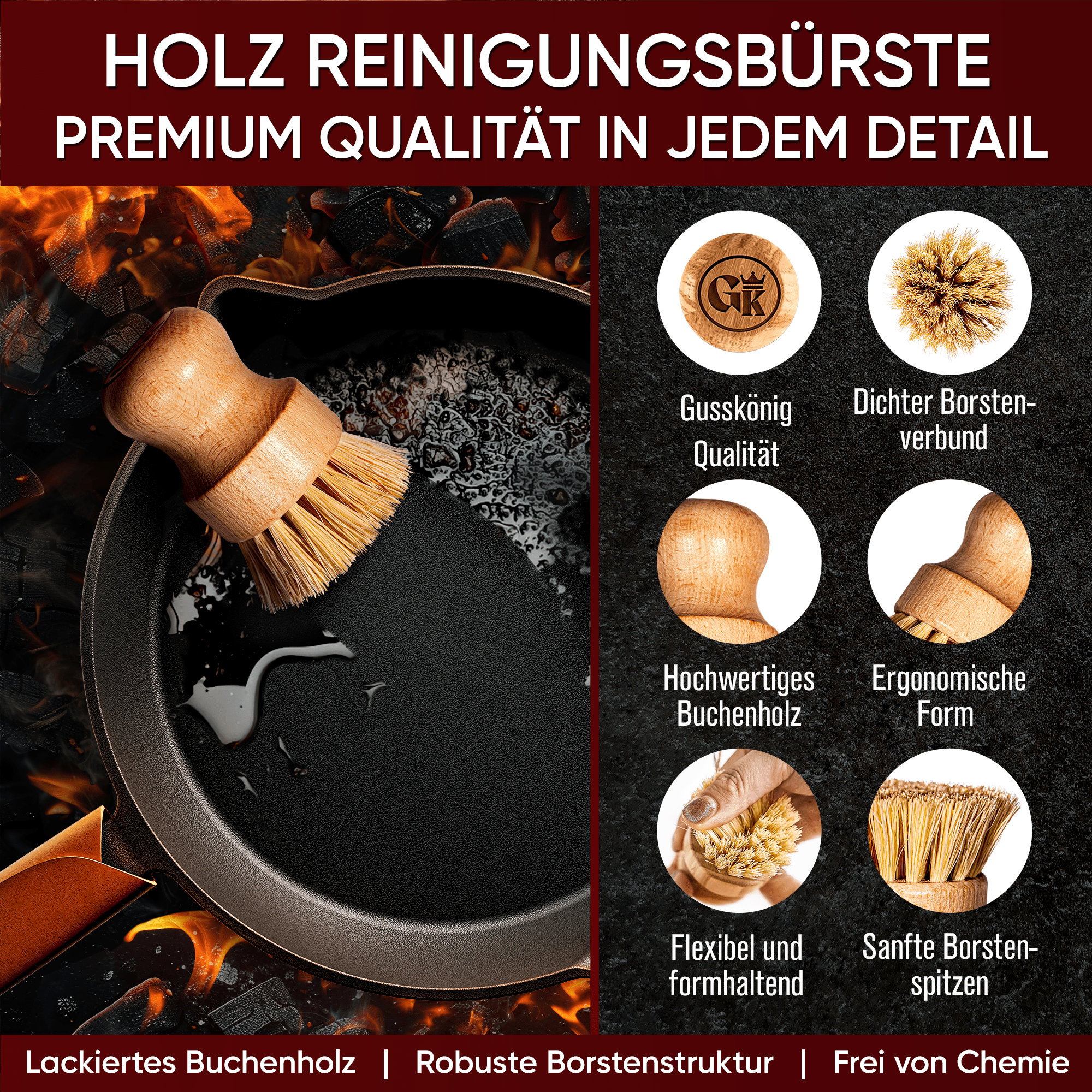 Holz-Spülbürste mit Sisal – schonend für Gusseisen--Gusskönig