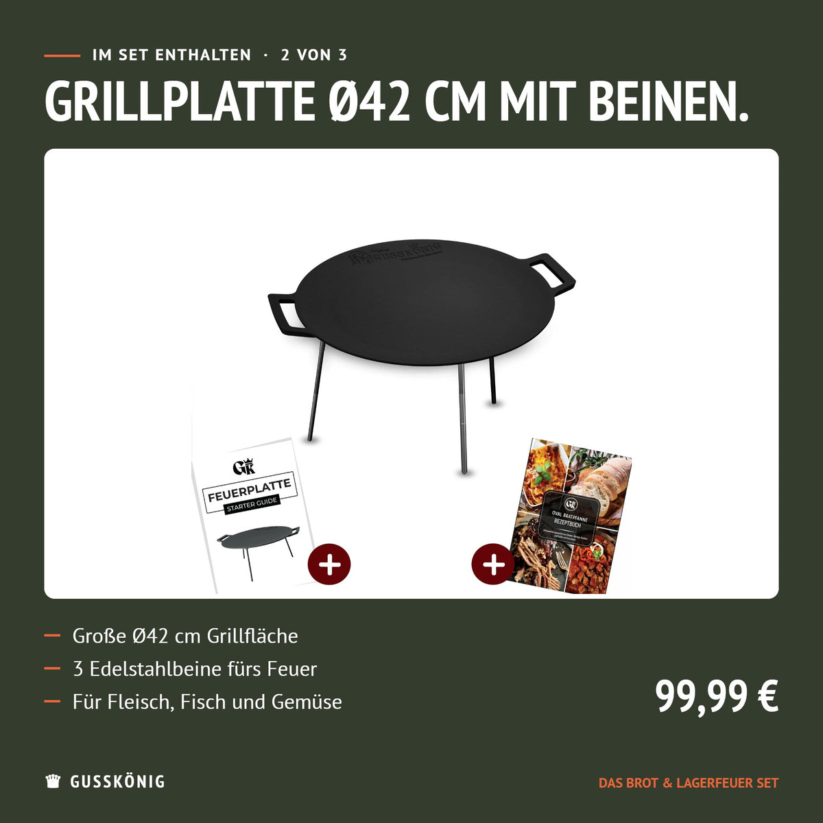 Im Set enthalten: Grillplatte Ø42 cm mit Beinen